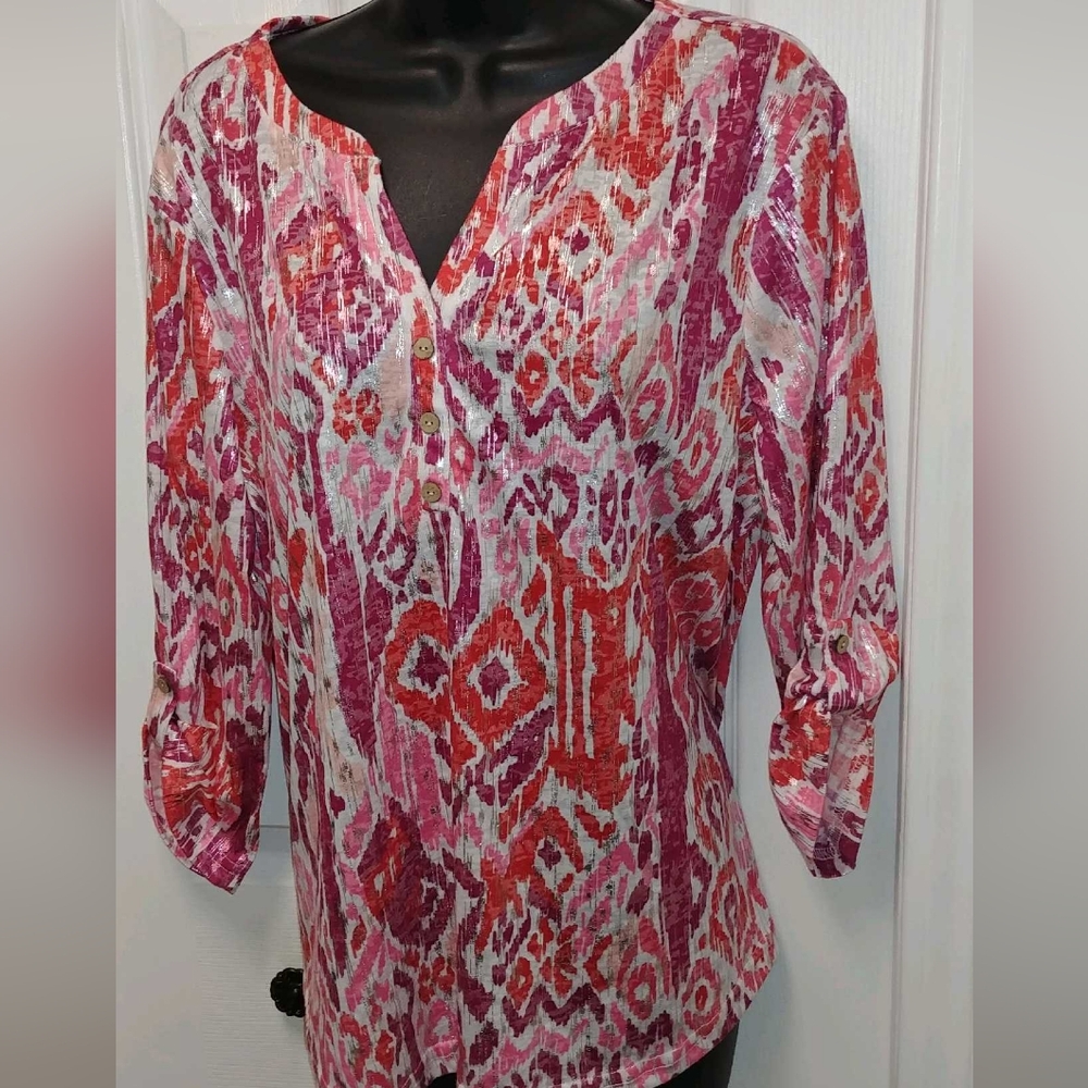 Women's Pink + Red Patterned Top